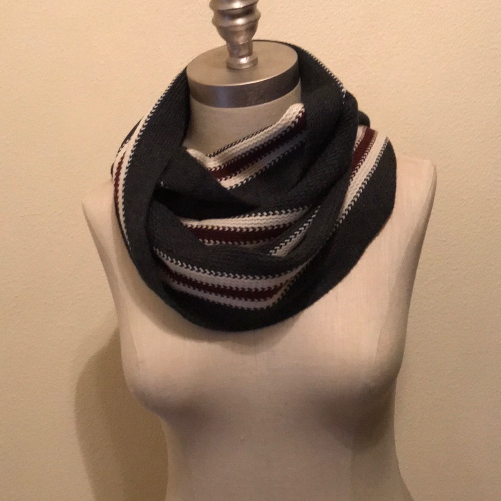 Gray White and Burgundy Striped Acrylic Knit Scarf